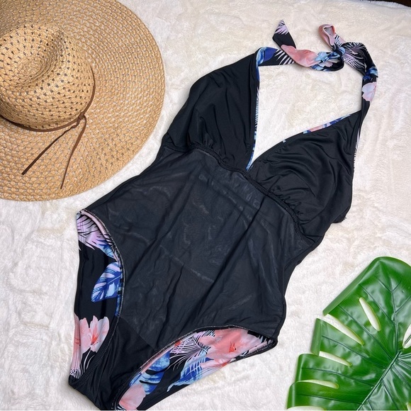 DKNY Halter Shirred One Piece Swimsuit With Tropical Floral Print - Picture 6 of 10